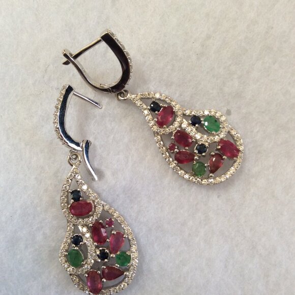 NWT 14k WHITE GOLD Ruby Emerald Sapphire Earrings MSRP $450 - Picture 2 of 5